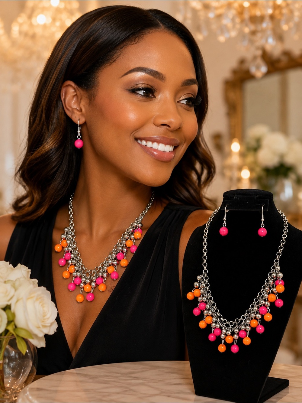 Vibrant Pink & Orange Bead Drop Necklace and Earring Set
